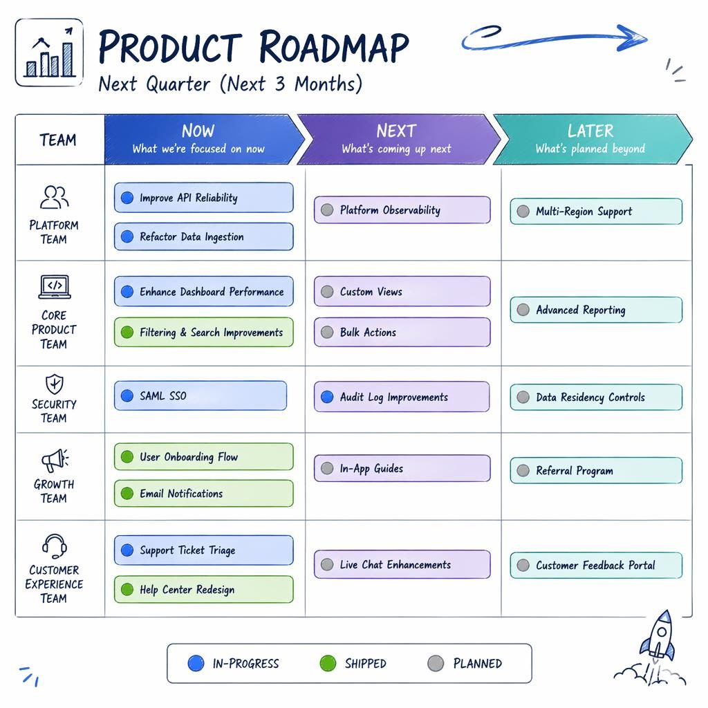 Sketchnote-style product roadmap board with now, next, later columns, team swim lanes, and status pills in a blue gradient.