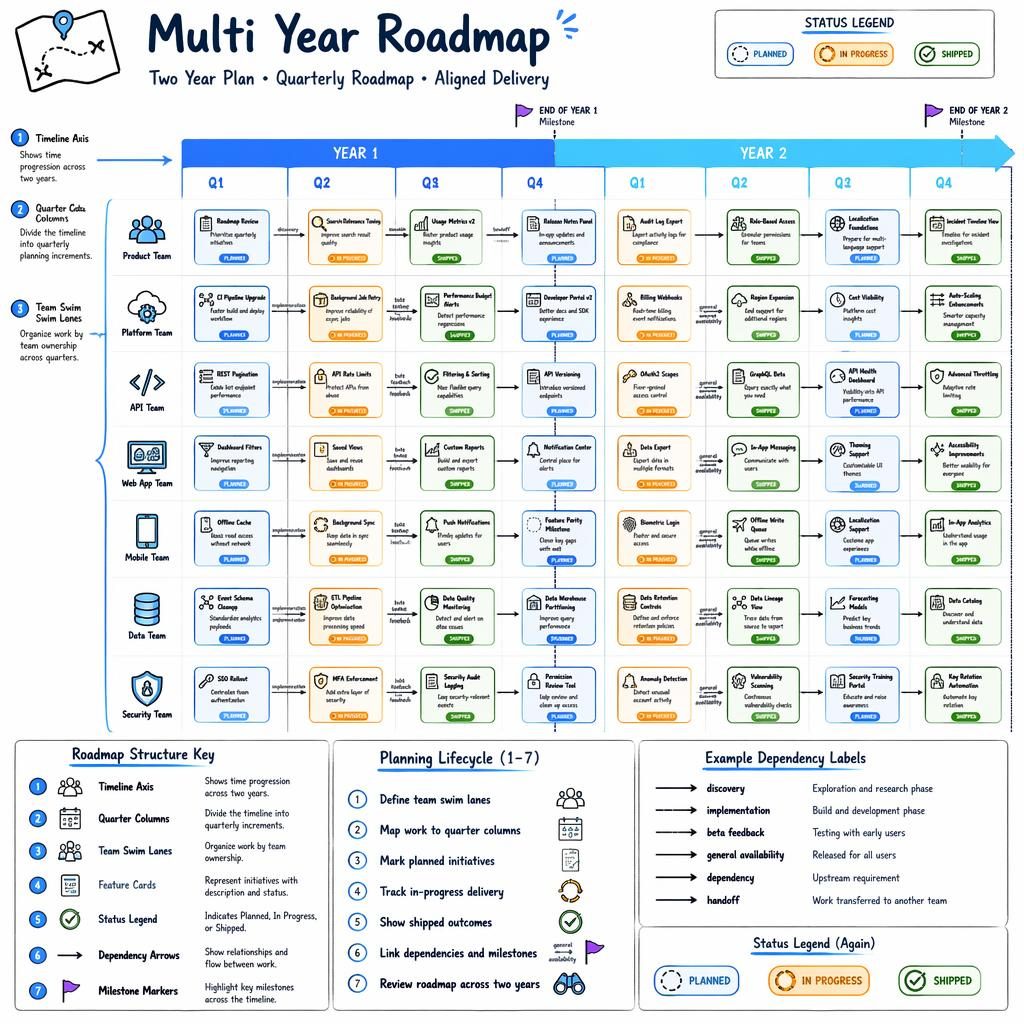 Vector tech infographic showing a multi year roadmap with 8 quarter columns, team swim lanes, feature cards, badges, arrows.