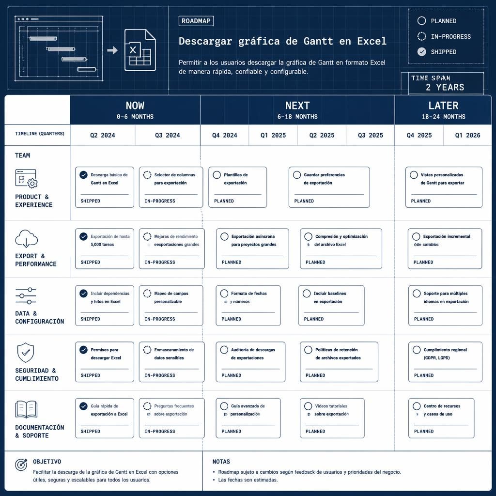 Infografía tipo roadmap en tablero now/next/later con horizonte de dos años, estilo plano técnico monocromo.