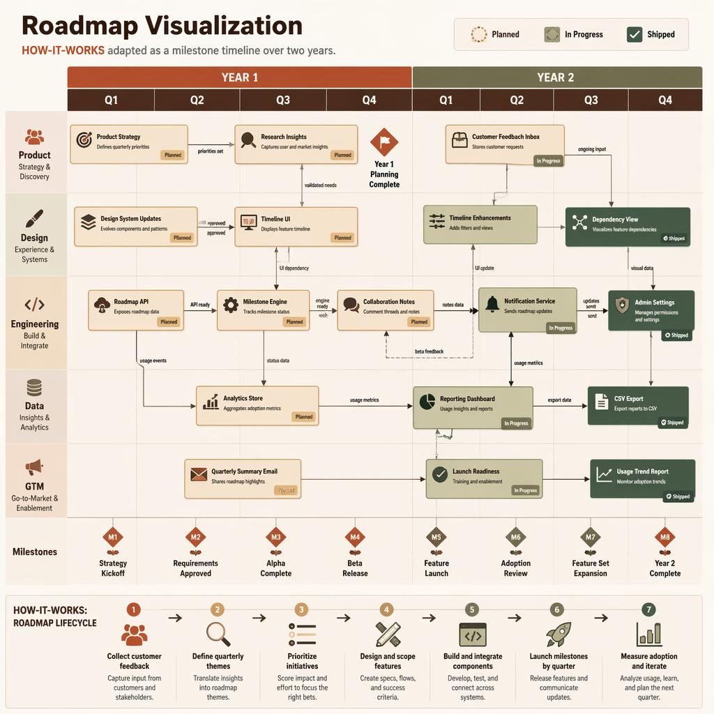 Consultant-style roadmap visualization infographic with 8 quarters, team swim lanes, feature cards, status pills, arrows, and legend.