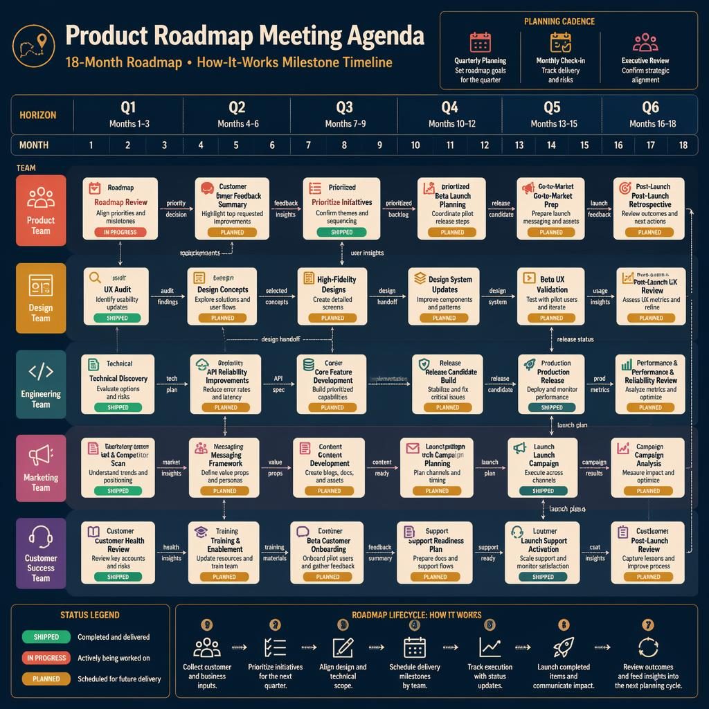 18-month product roadmap meeting agenda infographic with team swim lanes, milestone cards, status badges, arrows, and Q1-Q6