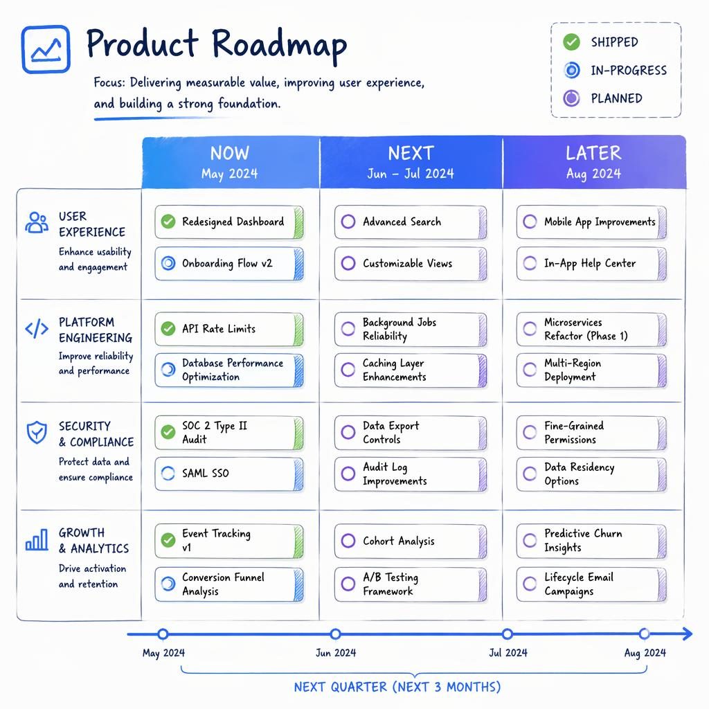 Sketchnote-style product roadmap example showing now, next, later columns with feature cards, status pills, and team lanes.