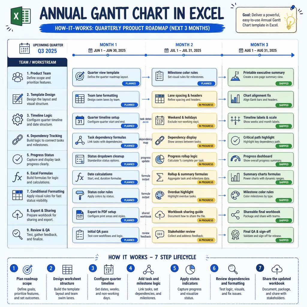 Infografía vectorial de hoja de ruta trimestral en Excel con carriles por equipo, meses 1-3, estados y dependencias.