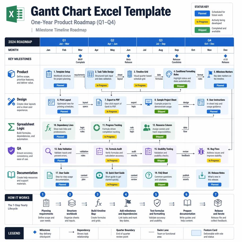 Minimalistische Infografik einer Gantt Diagramm Excel Vorlage mit Q1–Q4, Swimlanes, Meilensteinen und Status-Tags.