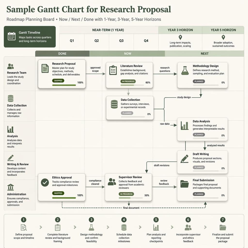 Isometric infographic of a sample of gantt chart for research proposal with kanban columns, Q1-Q4 timeline, and Year 1/3/5.