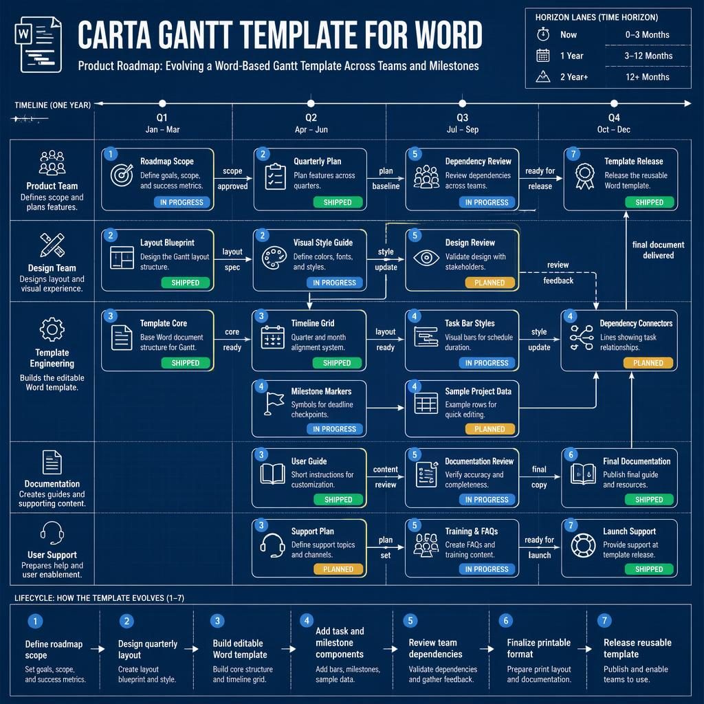 Infografía técnica tipo blueprint de carta gantt plantilla word con carriles por equipo, trimestres Q1-Q4, tarjetas y flechas.