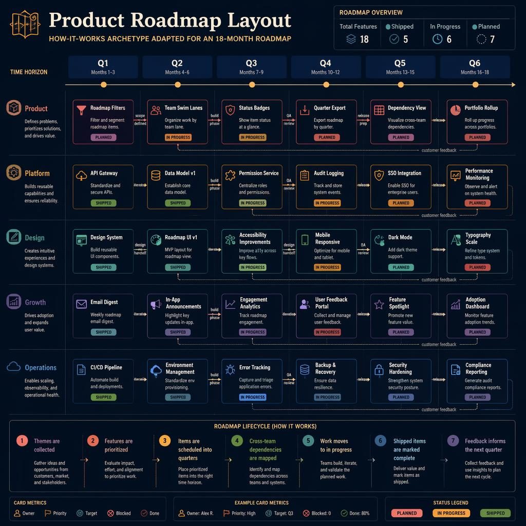 18-month product roadmap layout infographic with six quarterly columns, team swim lanes, feature cards, arrows, and status labels.