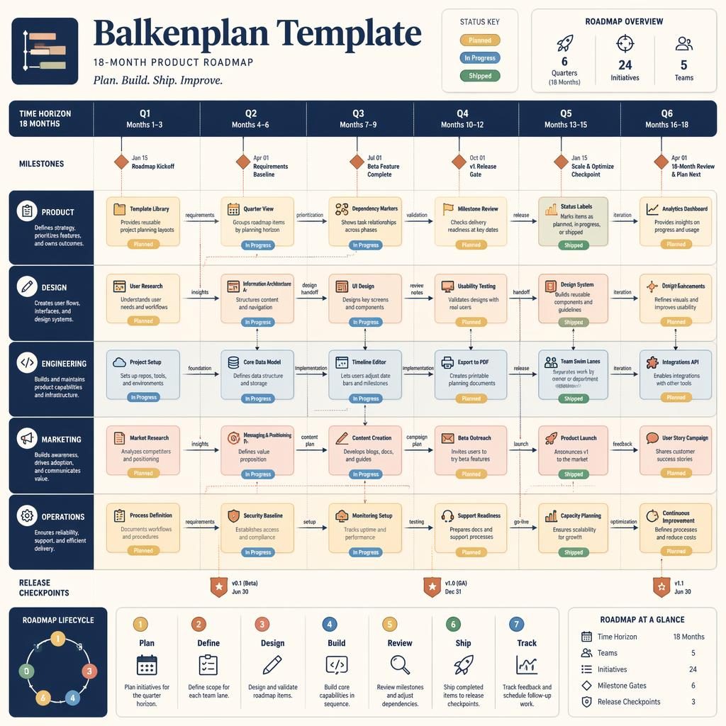 Strategische Balkenplan Vorlage als 18-Monats-Roadmap mit Quartalen, Team-Lanes, Meilensteinen, Pfeilen und Status-Pills.