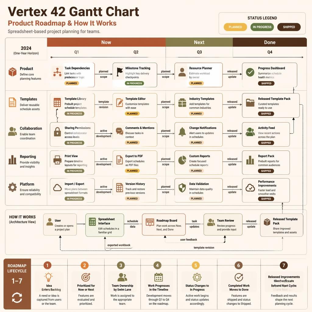 Tech roadmap infographic for Vertex 42 Gantt Chart with Now, Next, Done columns, Q1-Q4 timeline, team swim lanes, and feature cards.