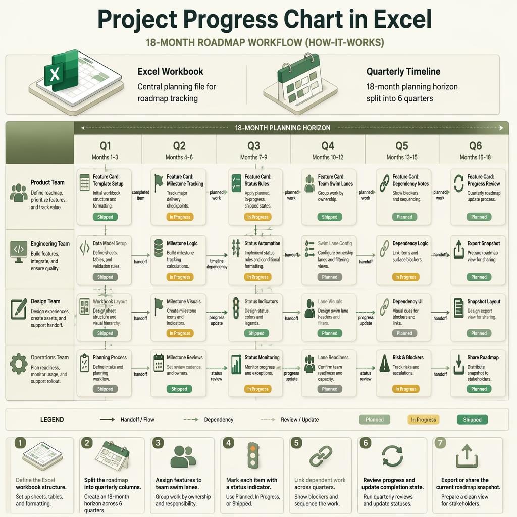 Excel roadmap infographic with 6 quarter columns, team swim lanes, feature cards, arrows, status labels, and a 1-7 legend.