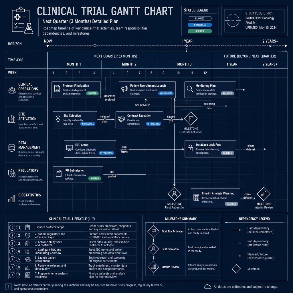 Blueprint-style clinical trial gantt chart infographic with 3-month timeline, team swim lanes, task bars, milestones, and dependencies.