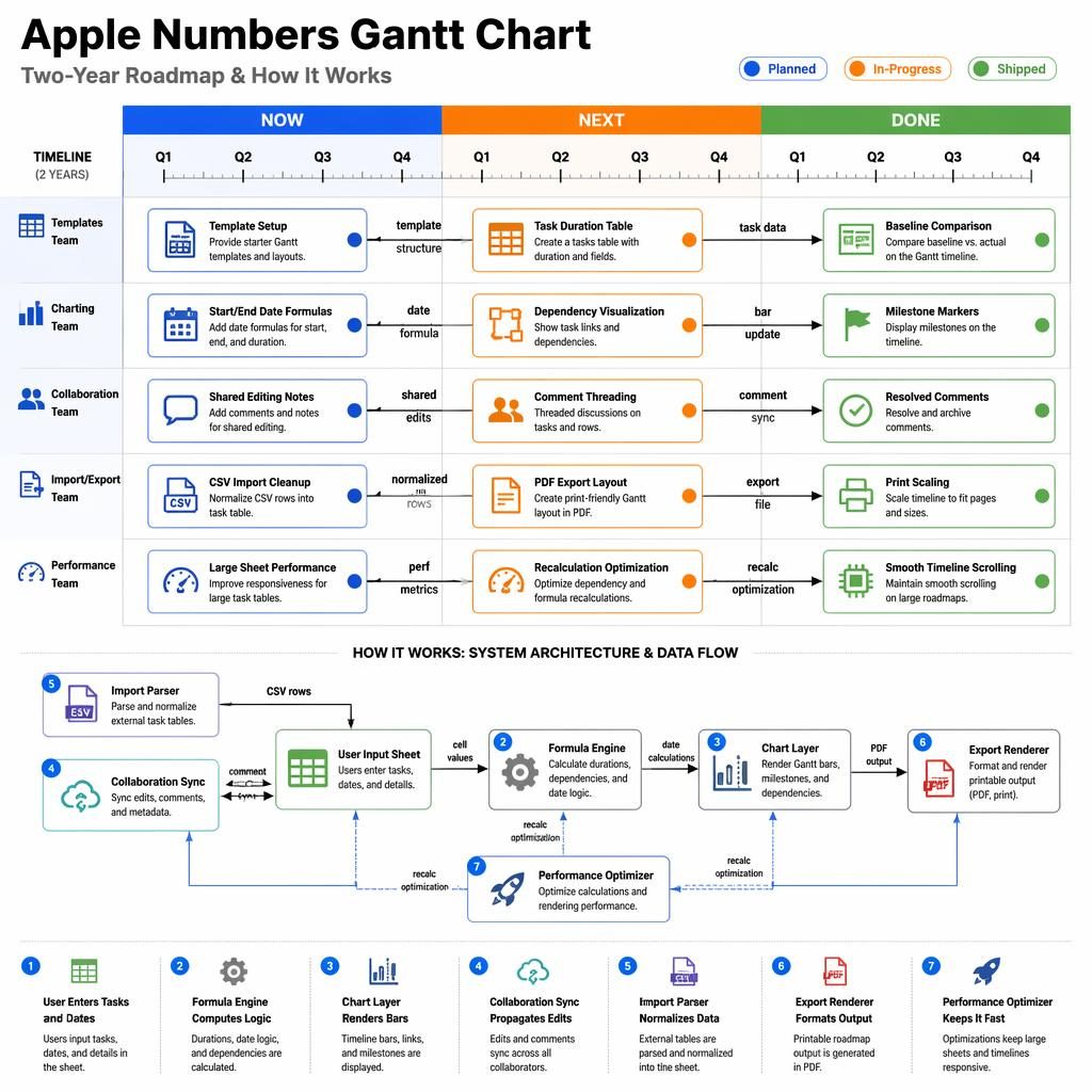 Swiss-style infographic of an Apple Numbers Gantt chart roadmap with Now, Next, Done columns, 8 quarters, teams, features, and data flows.