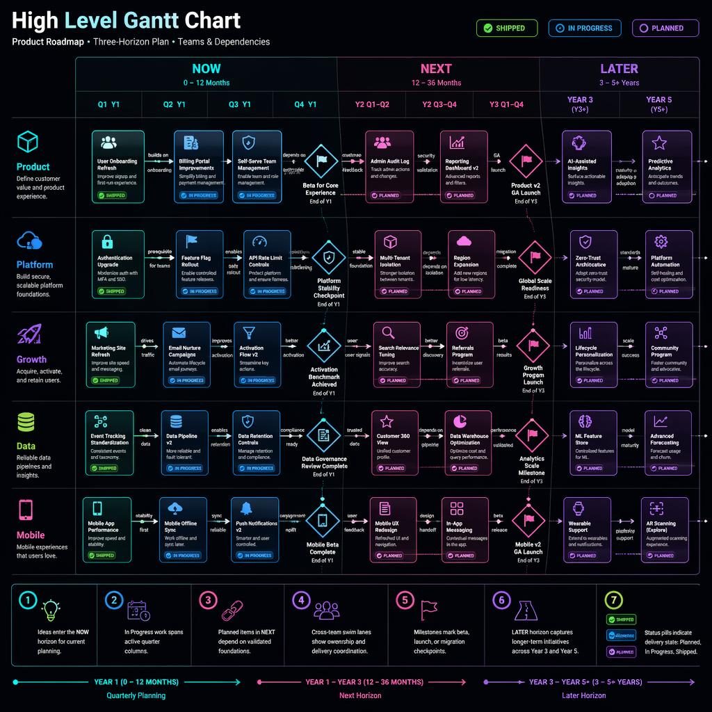 Dark neon high level gantt chart roadmap with now, next, later lanes, team swim lanes, feature cards, arrows, and milestones.
