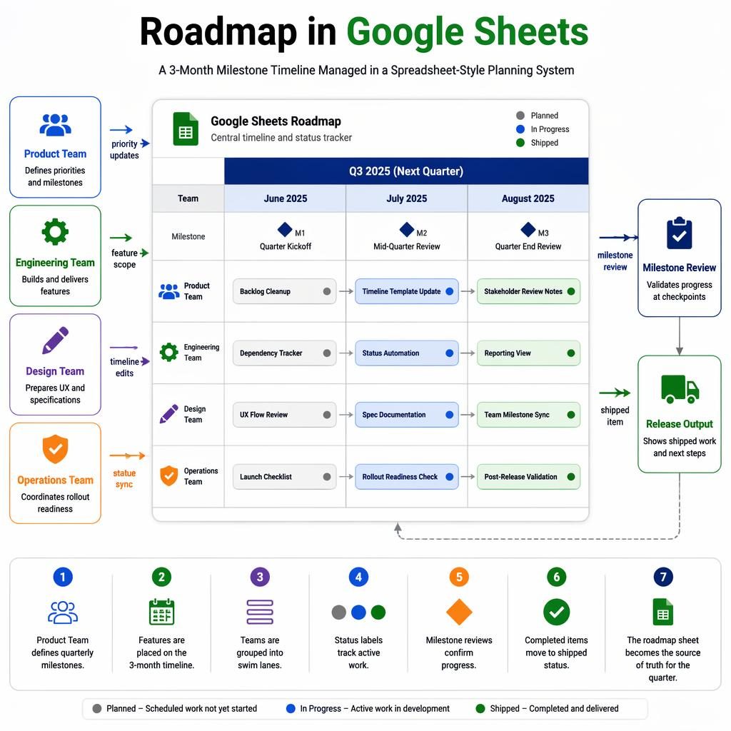 Minimal tech infographic showing a roadmap in Google Sheets with 3 month columns, team swim lanes, milestones, arrows, and status labels.