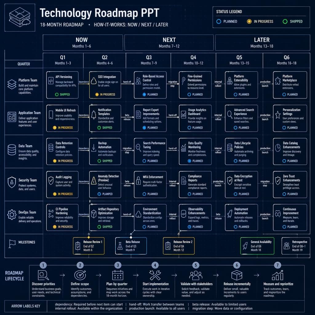 Blueprint-style technology roadmap PPT with NOW, NEXT, LATER sections, Q1-Q6 columns, team swim lanes, feature cards, and legend.