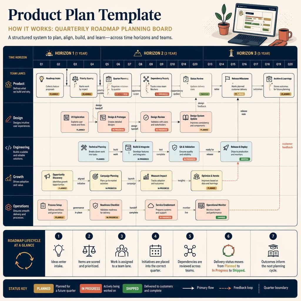 Quarterly roadmap infographic with product plan template, team swim lanes, horizon columns, feature cards, arrows, legend