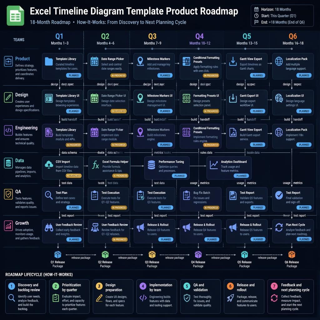 Infographie sombre d’une roadmap produit Excel sur 18 mois, 6 trimestres et couloirs d’équipe avec cartes, statuts et flèches.
