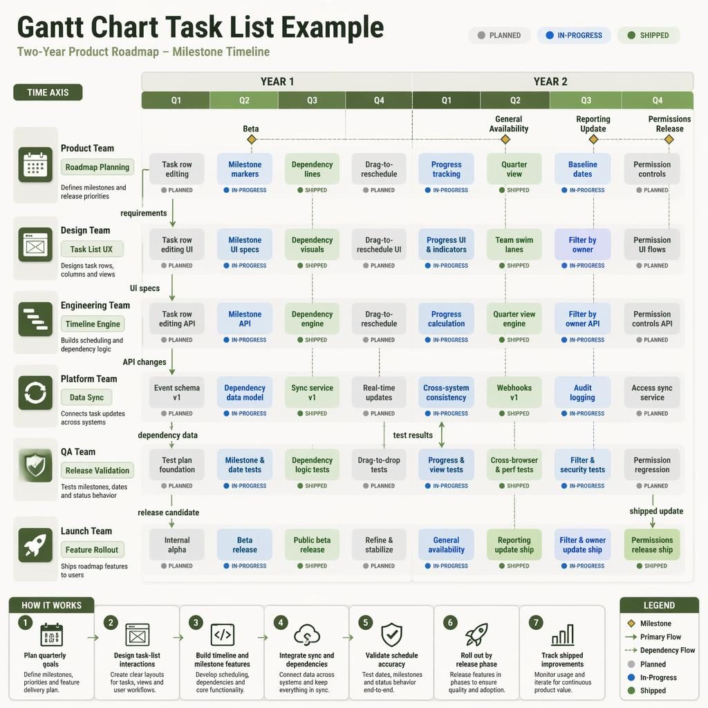 Isometric two-year gantt chart task list example infographic with team swim lanes, quarter columns, status pills, arrows and milestones.