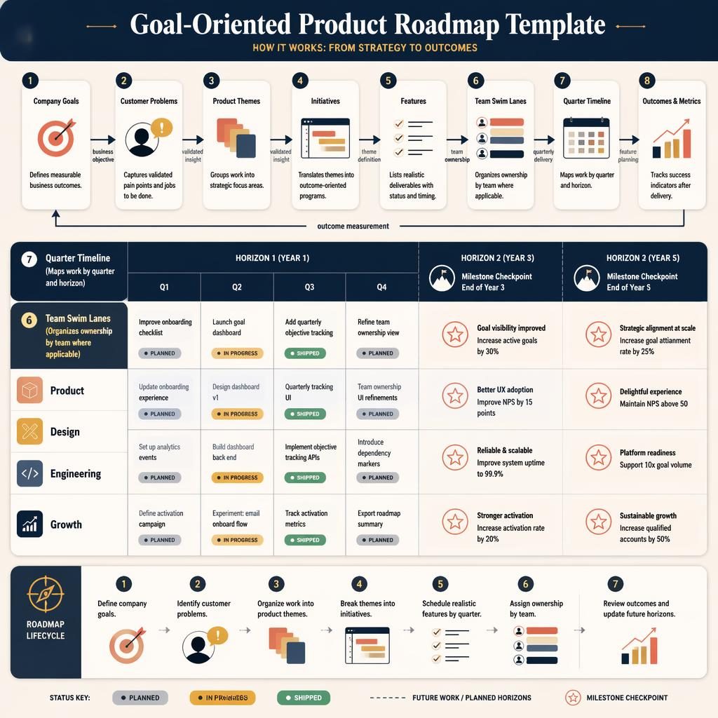 Vector product roadmap infographic with quarterly timeline, team swim lanes, planning boxes, arrows, and status pills.