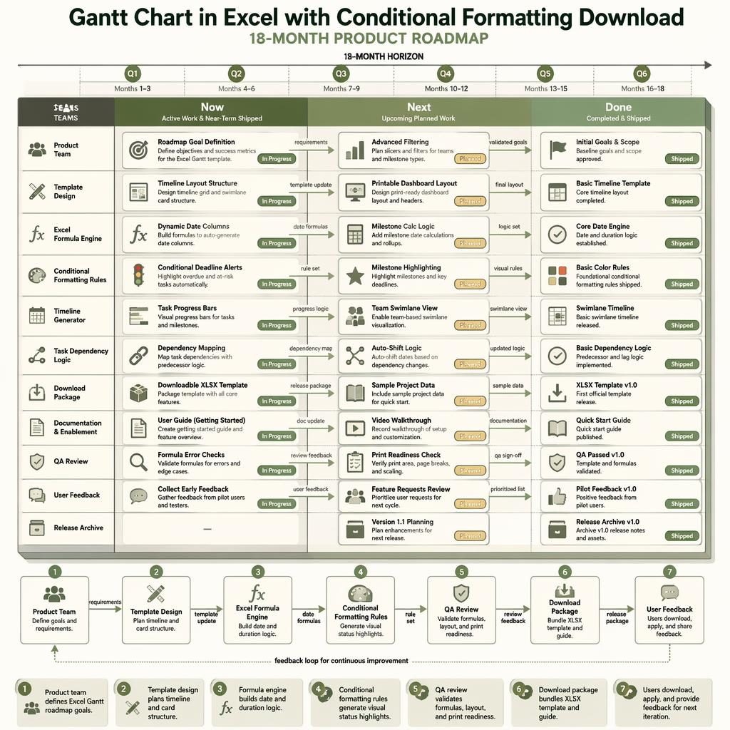 Infografía de roadmap en Excel con tablero Now, Next, Done, horizonte de 18 meses, trimestres Q1-Q6 y flujo entre equipos.