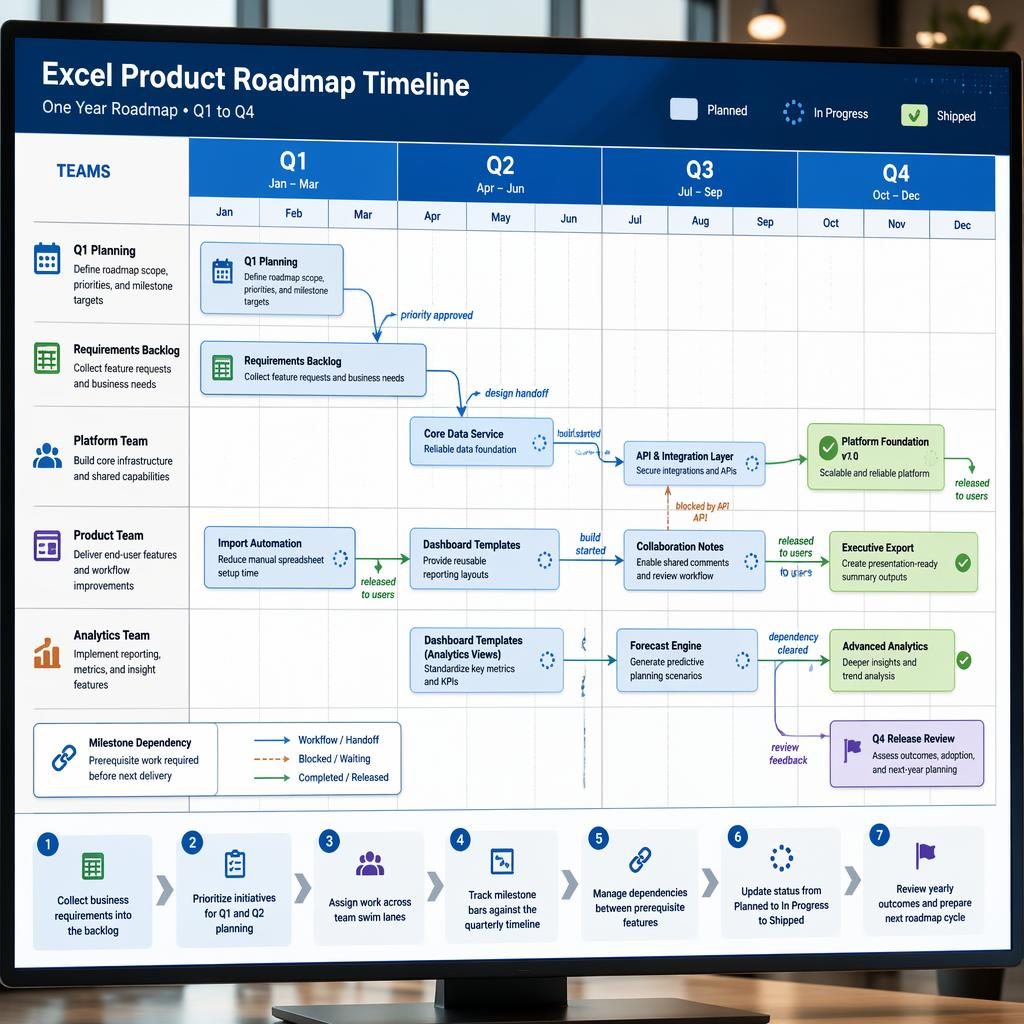 Makieta ekranu biurowego z infografiką roadmapy produktu Q1–Q4 w stylu wykres gantta excel, z osiami, kartami i zależnościami.
