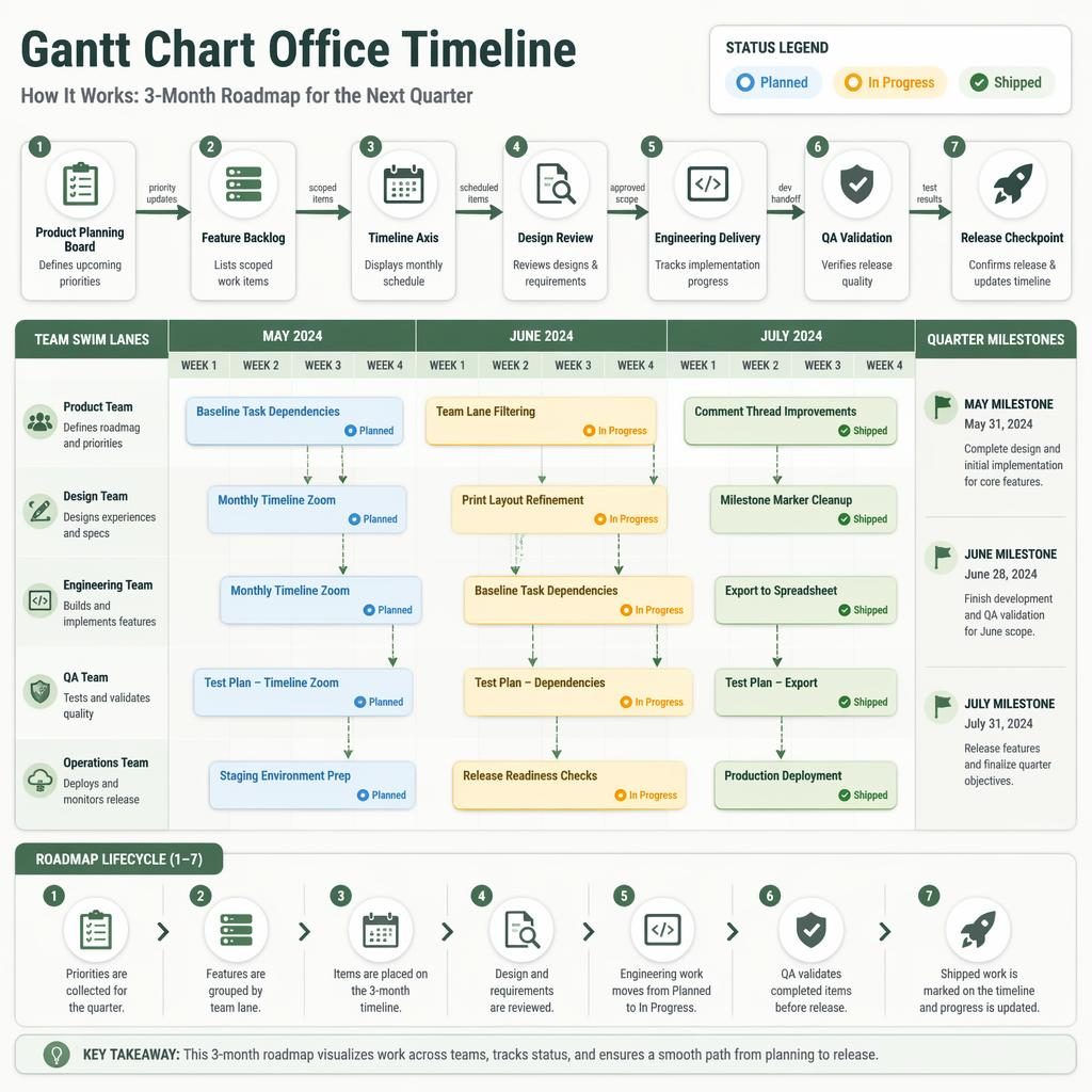 Tech infographic showing a gantt chart office timeline with team swim lanes, quarter columns, arrows, and status cards.
