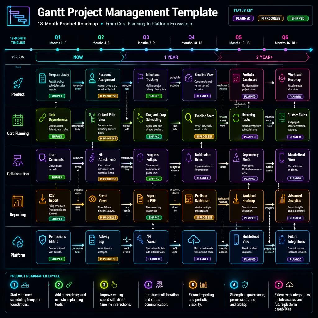 Dark mode tech roadmap infographic for a gantt project management template with Q1-Q6 timeline, team swim lanes, arrows, and status pills.