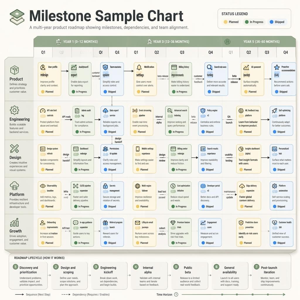 Isometric product roadmap infographic with quarterly milestone sample chart, team swim lanes, status chips, arrows, and legend.