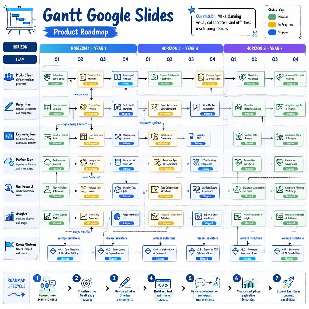 Tech roadmap infographic for Gantt Google Slides with team swim lanes, quarter columns, horizons, arrows, status pills.