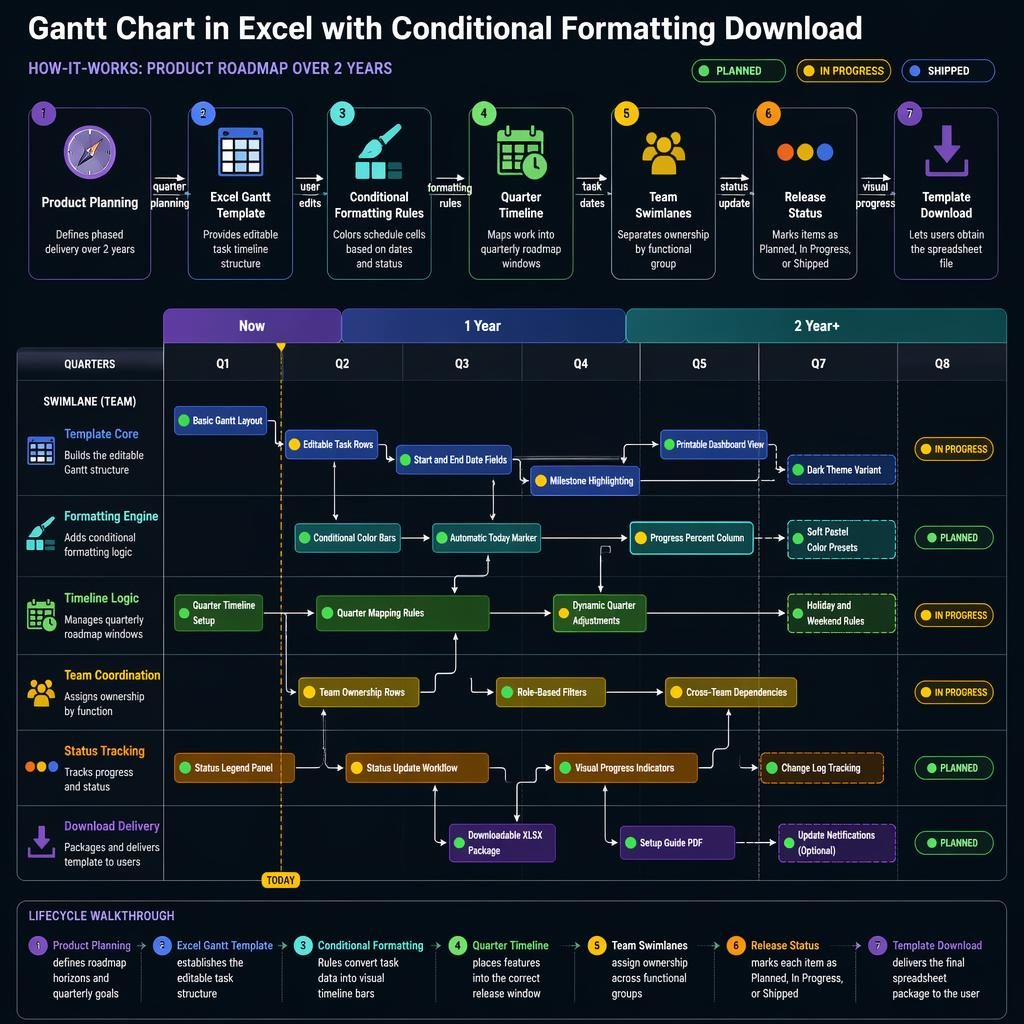 Infografía oscura de roadmap SaaS con línea temporal Q1-Q8, swimlanes por equipo, flechas, estados y descarga en Excel.