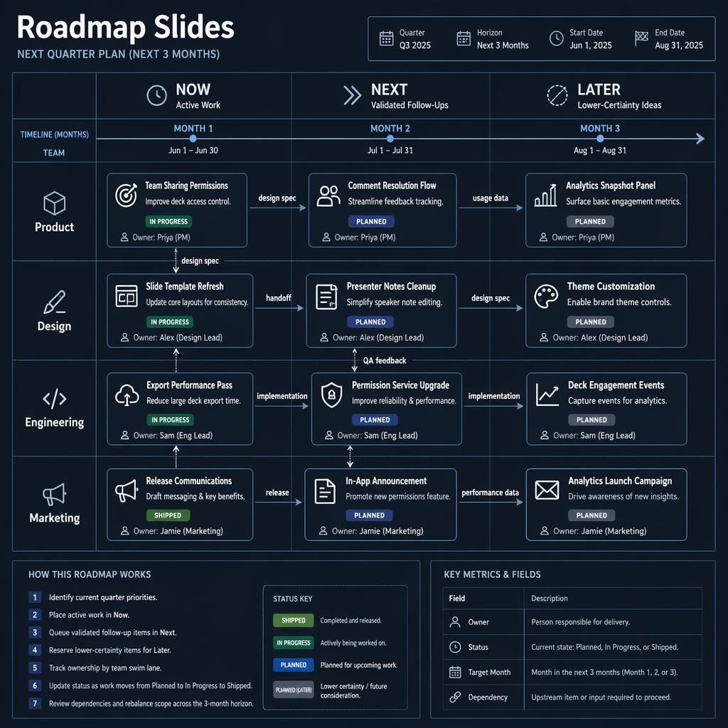 Blueprint-style roadmap slides board with Now, Next, Later columns, team swim lanes, feature cards, arrows, legend, and status pills.