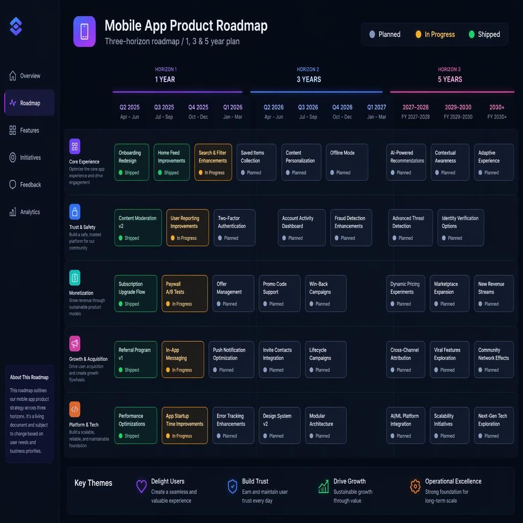 Dark mode product roadmap infographic for a mobile app with quarterly columns, team swim lanes, three horizons, and status cards.