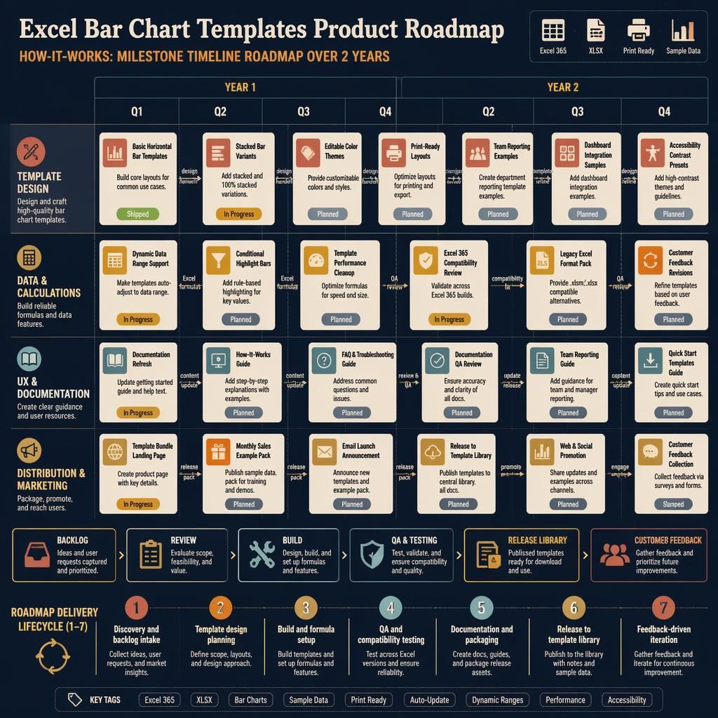Infographic roadmap for excel bar chart templates with 8 quarter columns, team swim lanes, feature cards, arrows, and status pills.