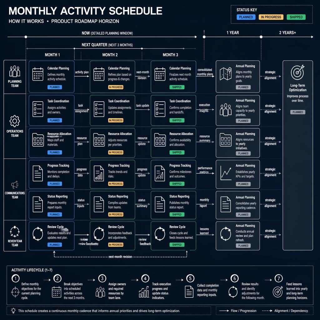 Infografía técnica con línea de tiempo horizontal, equipos por carril y roadmap de 3 meses, 1 año y 2 años+ en estilo blueprint.