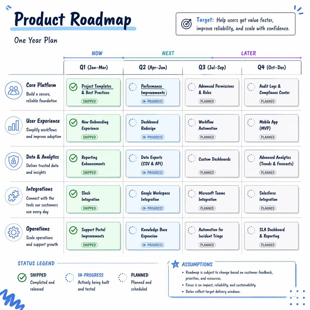 Sketchnote-style product roadmap board with now, next, later sections, Q1 to Q4 timeline, feature cards, and status indicators.
