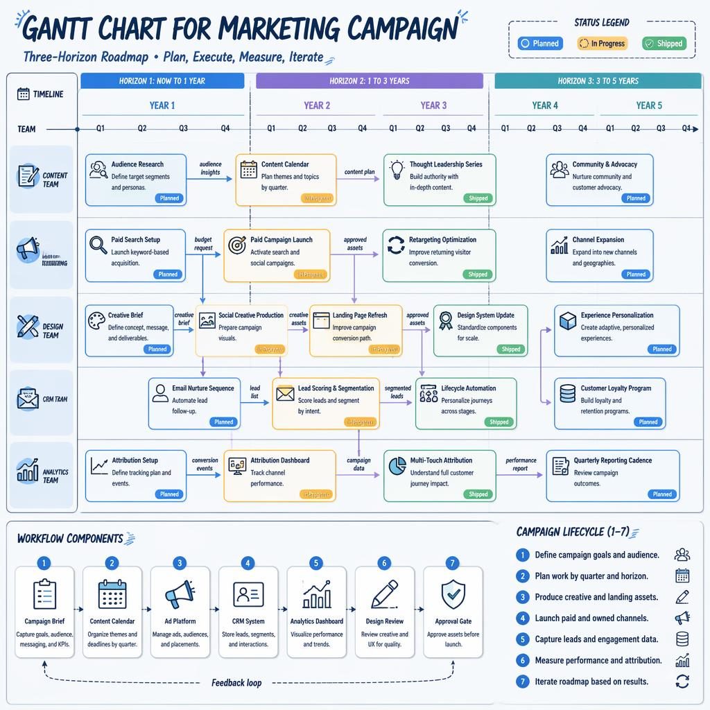 Tech infographic showing a gantt chart for marketing campaign with horizons, quarter grid, team swim lanes, status cards, arrows.