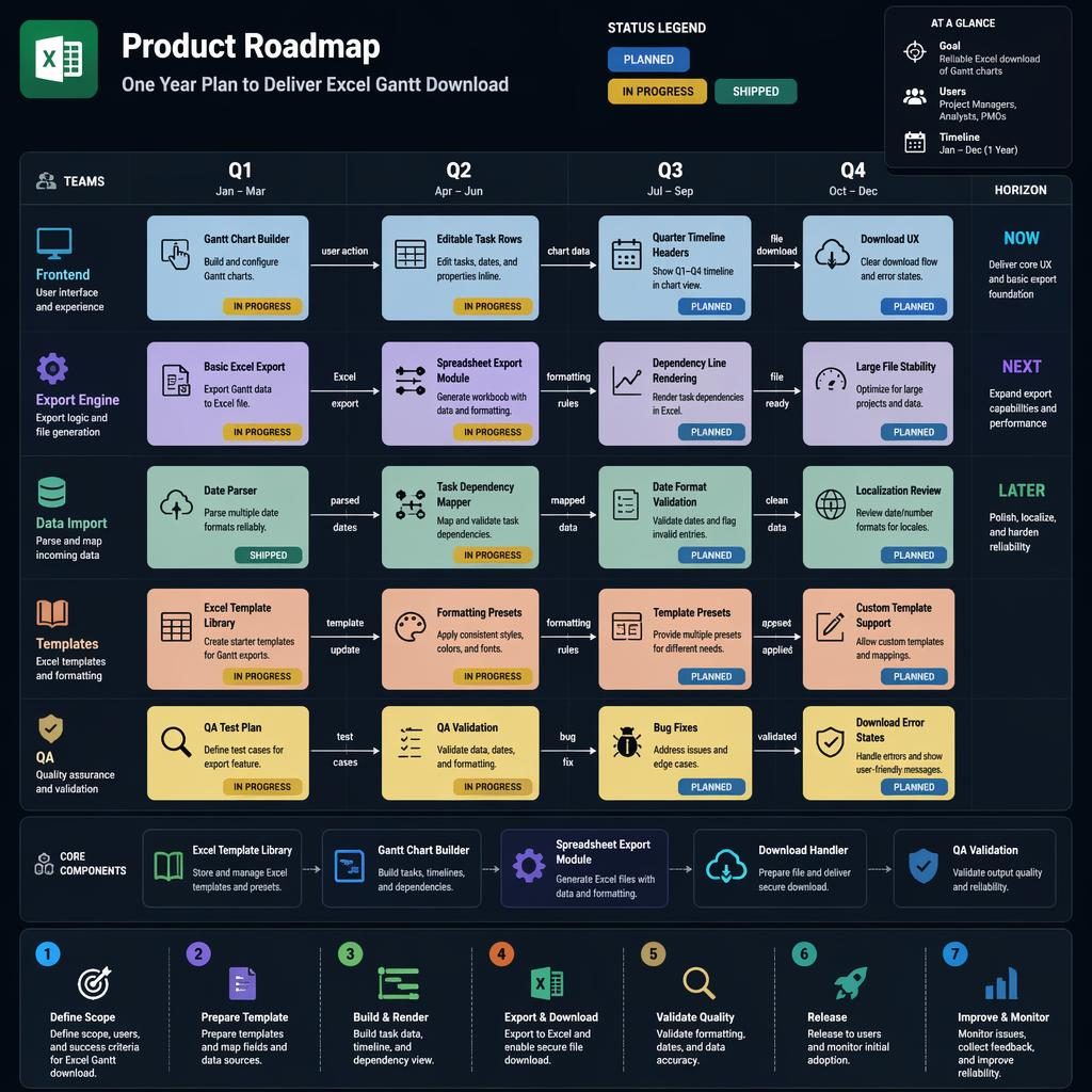 Infografía tech en dashboard oscuro con roadmap now, next y later, eje Q1-Q4, tarjetas de funciones y flechas.