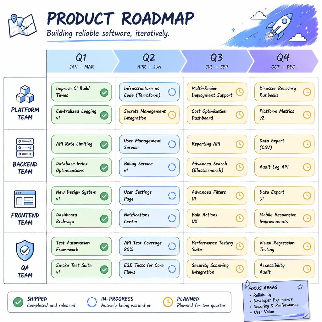 Sketchnote-style product roadmap infographic with Q1-Q4 columns, team swim lanes, and feature cards with planned, in-progress, and shipped status indicators.