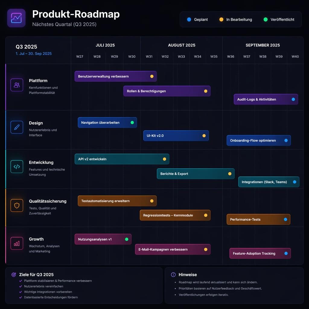 Moderne Product-Roadmap als Gantt Diagramm Template mit Quartalsspalten, Swimlanes, Status-Pills und Neon-Dark-Mode.