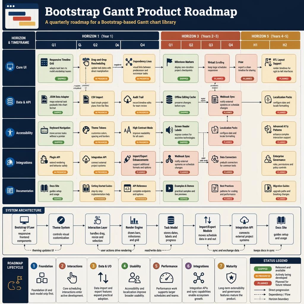 Editorial tech infographic showing a bootstrap gantt quarterly product roadmap with team swim lanes, feature cards, arrows and status labels.