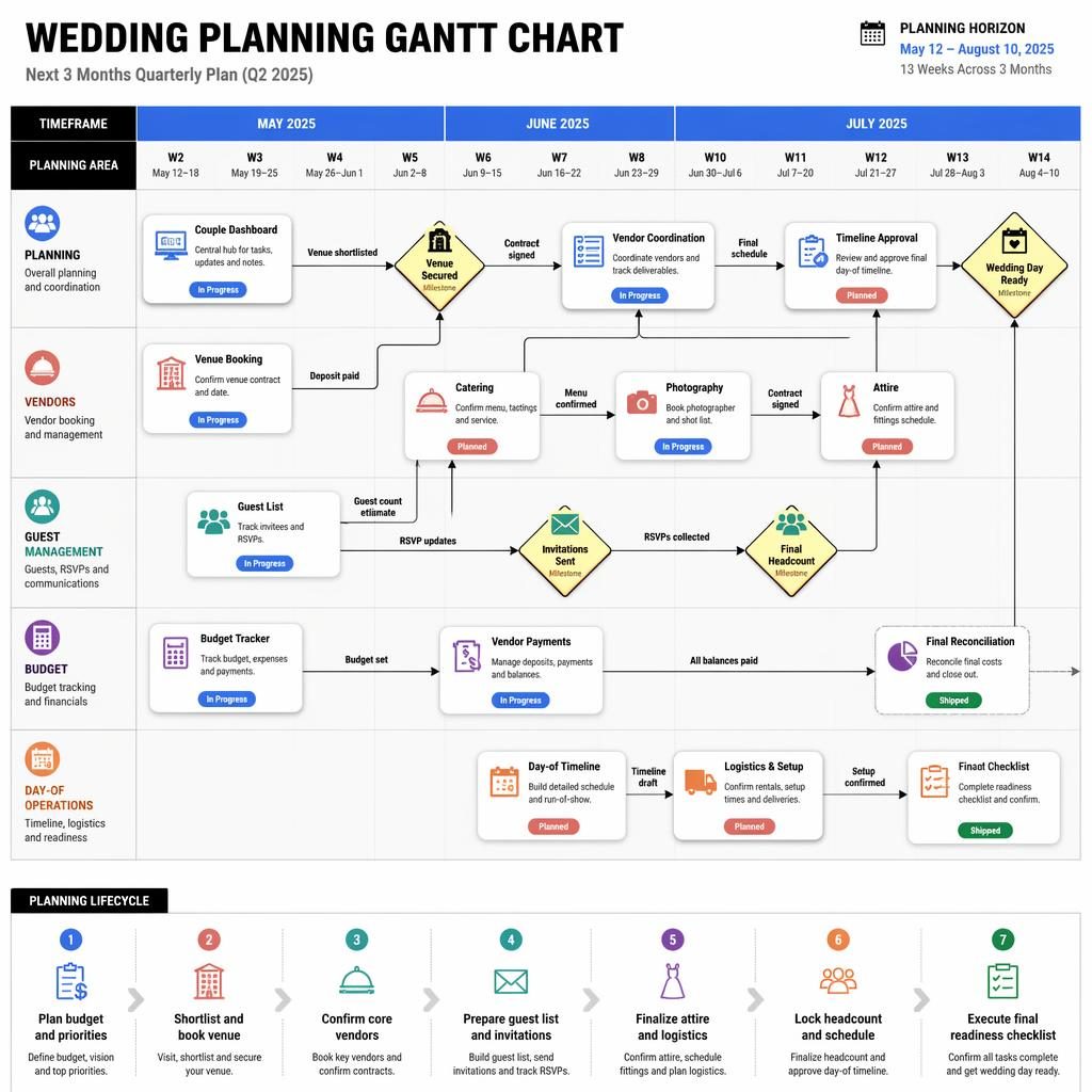 Minimalist wedding planning gantt chart infographic with 3-month timeline, swim lanes, task cards, arrows, and milestones.