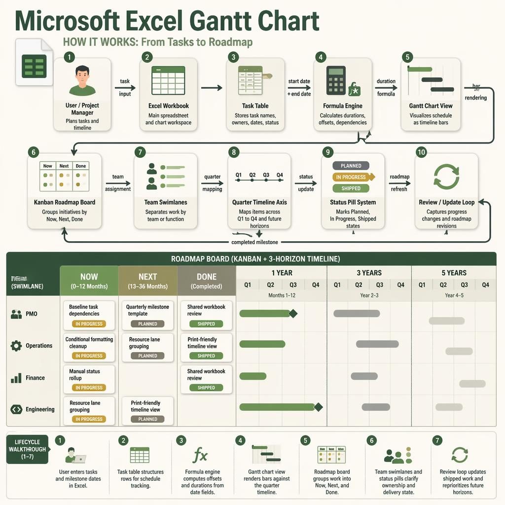 Isometric tech infographic of a Microsoft Excel Gantt chart roadmap with Now, Next, Done columns, quarter timeline, swimlanes, and arrows.