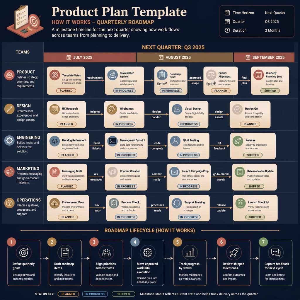 Product plan template infographic with 3-month timeline, team swim lanes, milestone cards, arrows, status pills, and legend.
