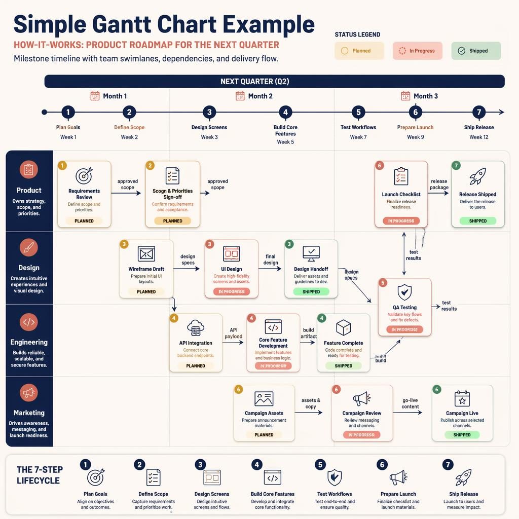 Infografía de carta Gantt ejemplo simple con 3 meses, equipos, hitos, tarjetas y flechas de dependencias.