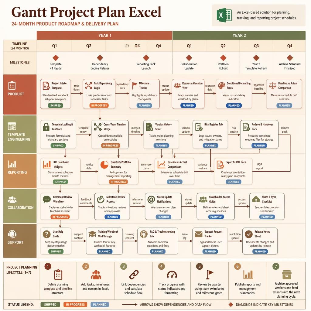 Infografik eines Excel-Gantt-Projektplans als 24-Monats-Roadmap mit Quartalen, Swimlanes, Meilensteinen und Feature-Karten.
