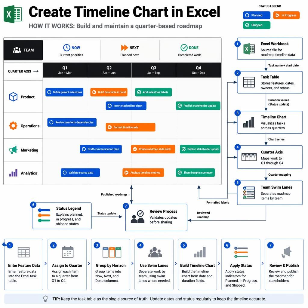 Kanban-style Excel roadmap infographic with Q1-Q4 timeline, Now Next Done columns, team swim lanes, status pills, and arrows.