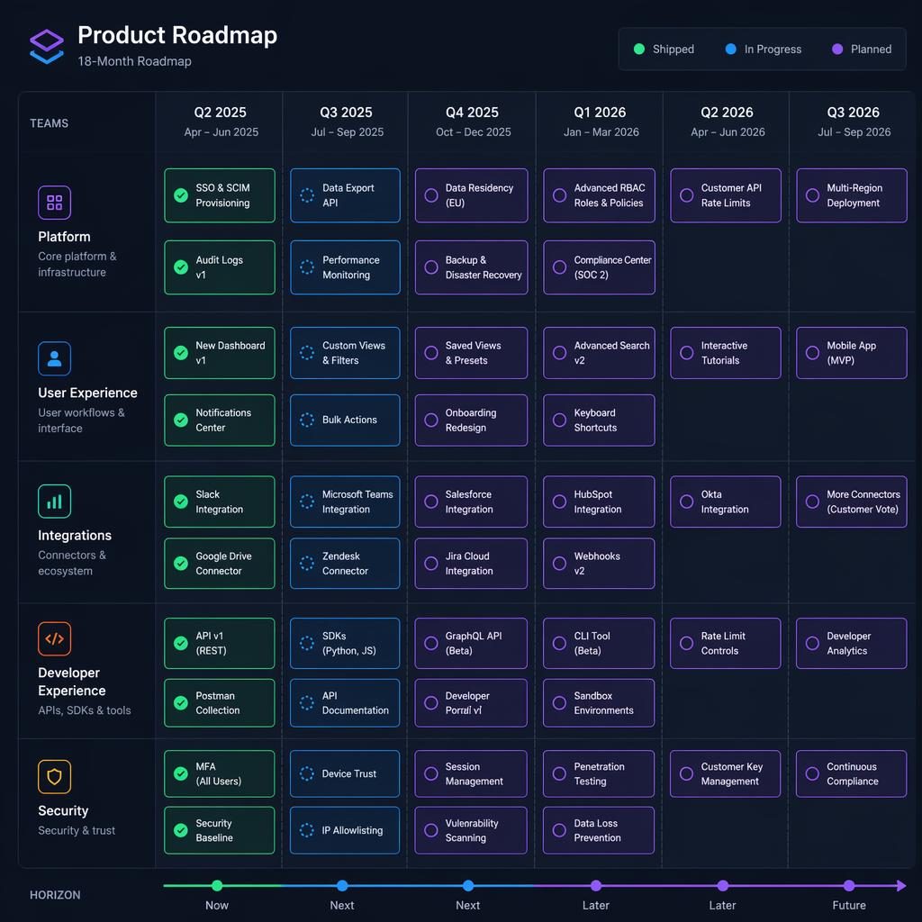 Dark mode product roadmap infographic with quarterly columns, team swim lanes, neon feature cards, and status indicators.