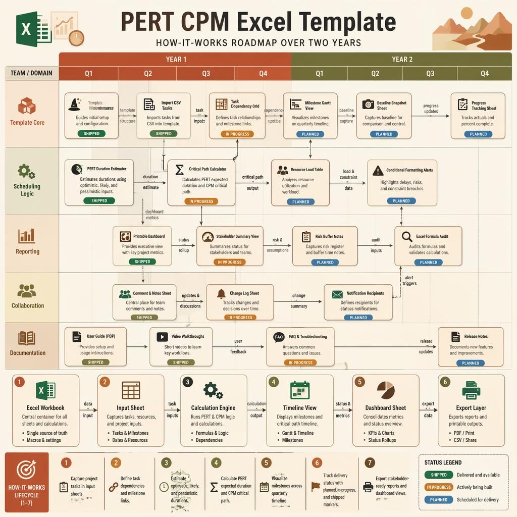 Consultant-style infographic of a PERT CPM Excel template roadmap across 8 quarters with feature cards, arrows, legend, and data flow.