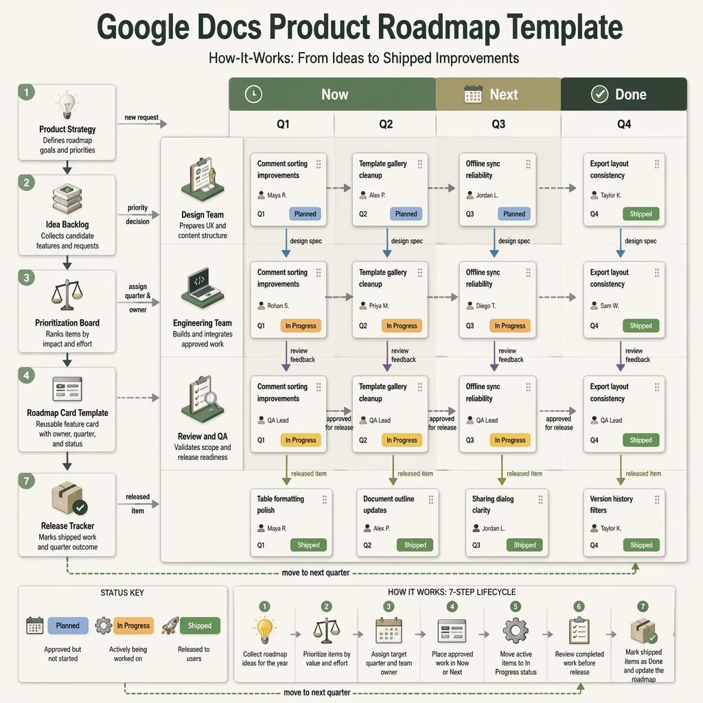 Isometric kanban roadmap infographic for Google Docs product roadmap template with Now, Next, Done columns, Q1-Q4 axis, team lanes, arrows, and status cards.