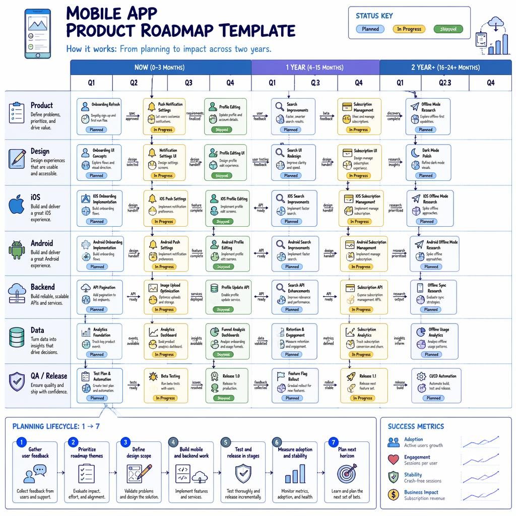 Tech roadmap infographic for a mobile app team with Now, 1 Year, 2 Year+ horizons, quarterly columns, swim lanes, arrows, and status pills.
